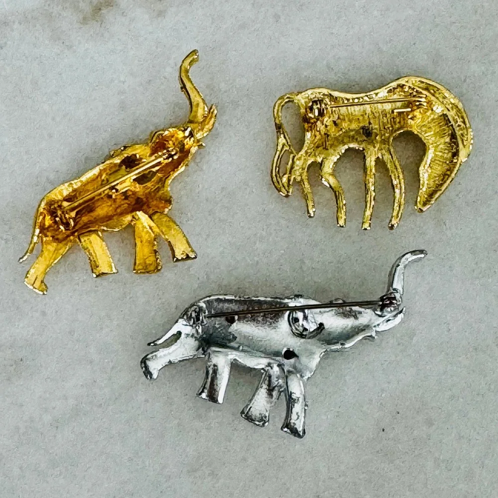 Vintage Style Safari Animal Brooch Pin Set Gold Silver Tone 3pc Rhinestone